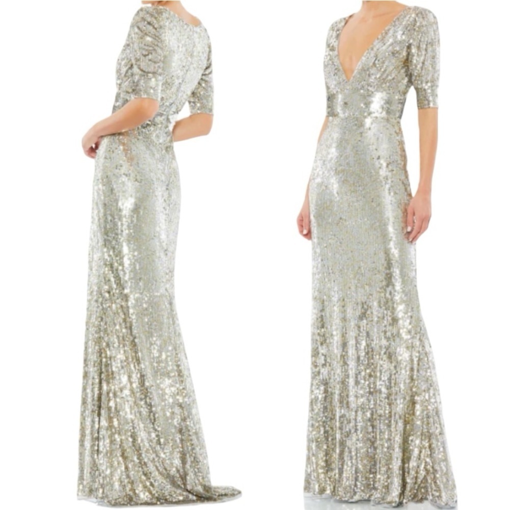 Mac Duggal Silver Sequin Maxi Dress